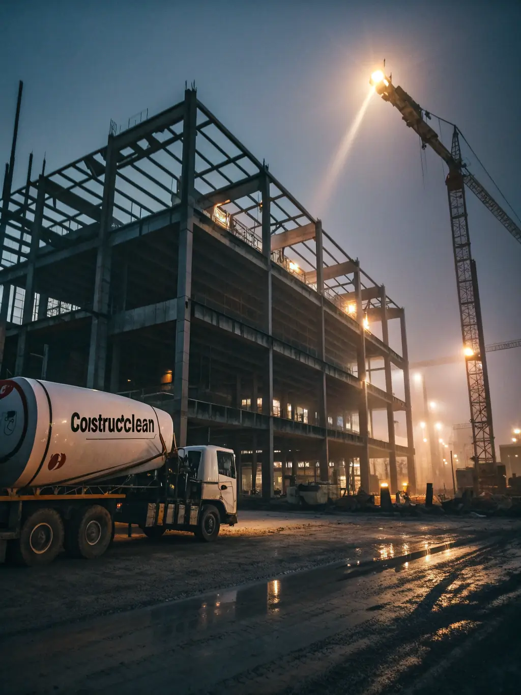 A commercial building project with cranes and construction workers actively working, representing Vanderpool Construction Service's expertise in commercial projects.
