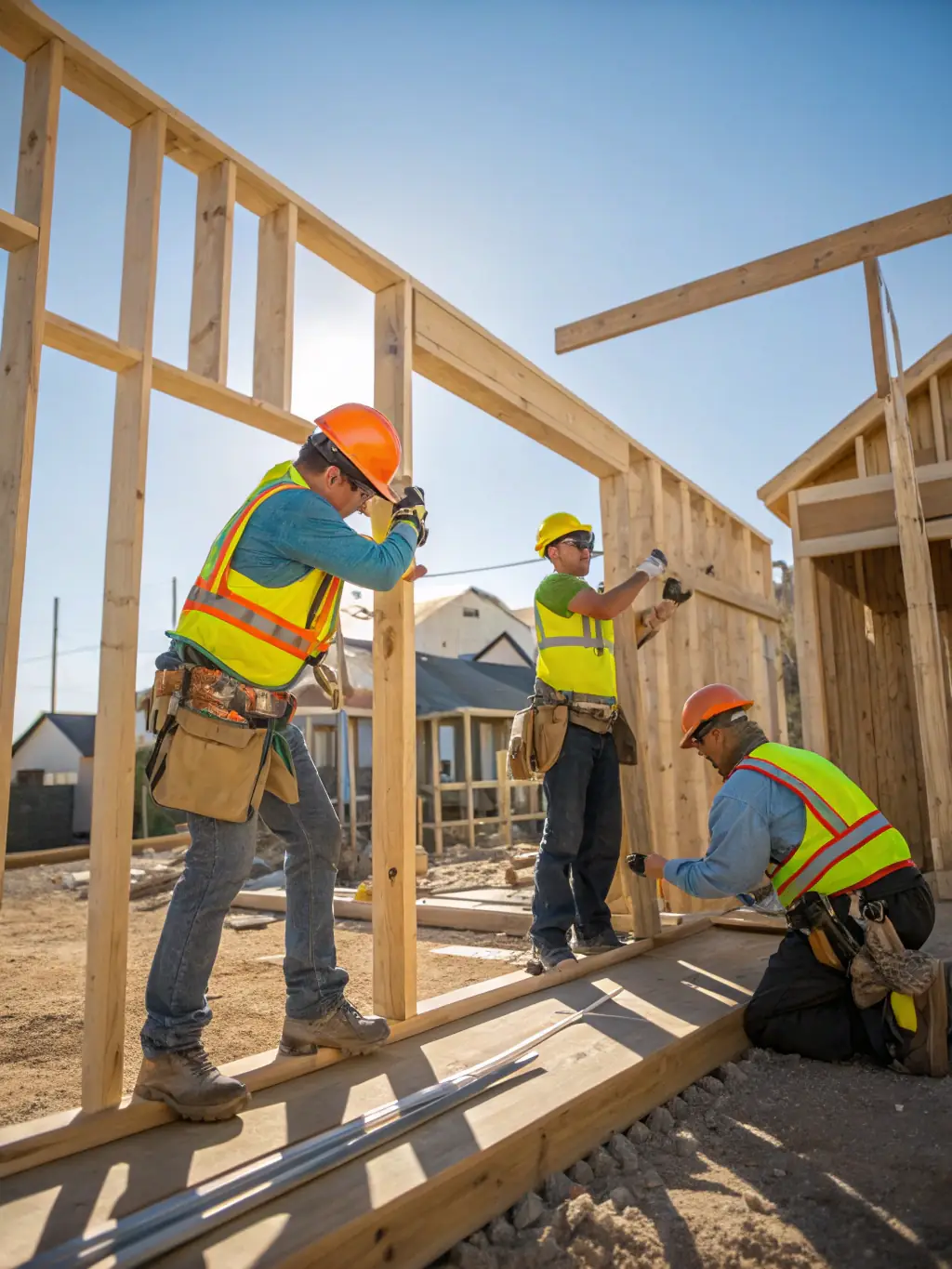 A modern house under construction with workers and equipment on-site, showcasing Vanderpool Construction Service's residential construction capabilities.