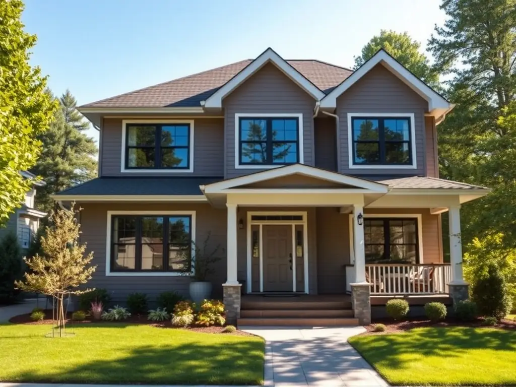 A modern, newly constructed residential home with a well-manicured lawn and inviting curb appeal, showcasing Vanderpool Construction Service's expertise in residential construction.