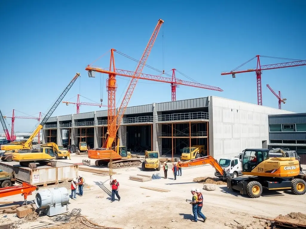 An expansive industrial warehouse undergoing an extension, with Vanderpool Construction Service's tractors and equipment visible on site, highlighting their industrial construction services.